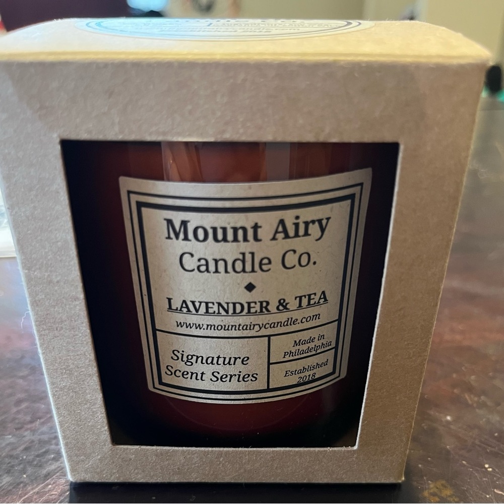 New in box- Mt. Airy Candle Company Lavender & Tea 9.5oz. Candle in glass.